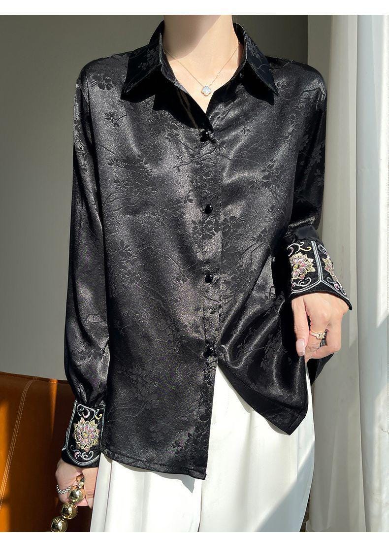 Women's Embroidered Cuff Satin Chinese Blouse – additional product view