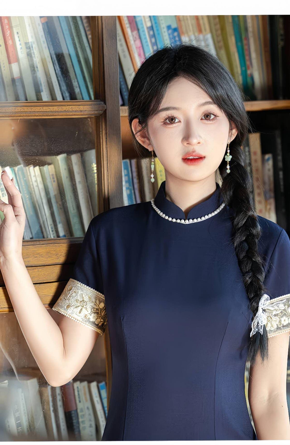 Women's Blue Embroidered Qipao Cheongsam Dress – Linen – additional product view
