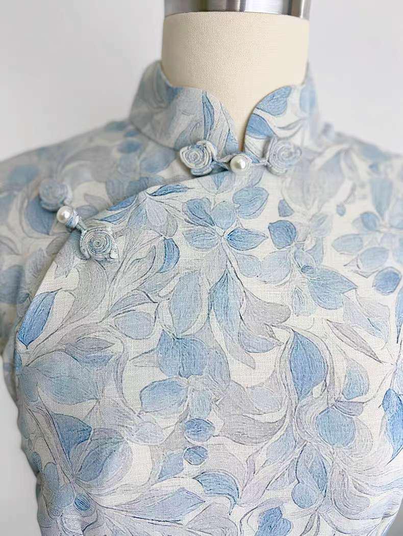 Women's Blue Floral Qipao Cheongsam Dress – Cotton – additional product view