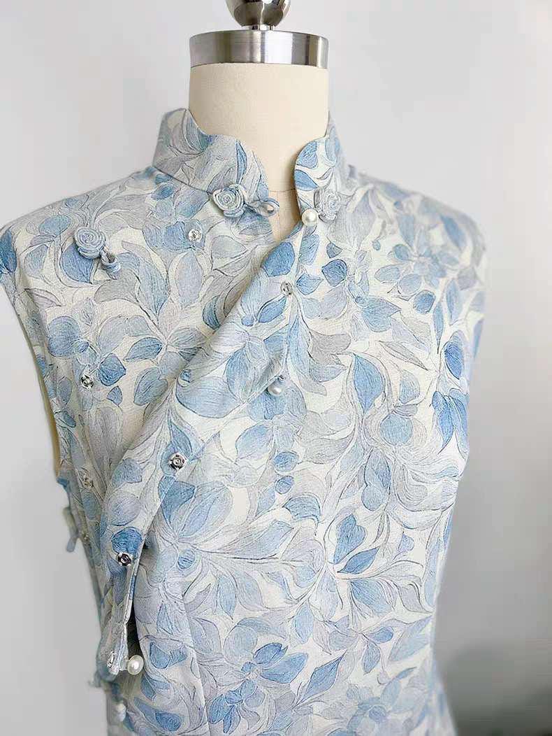 Women's Blue Floral Qipao Cheongsam Dress – Cotton – additional product view