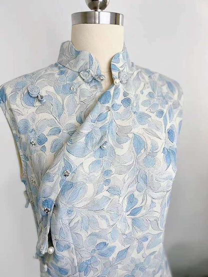 Women's Blue Floral Qipao Cheongsam Dress – Cotton – additional product view