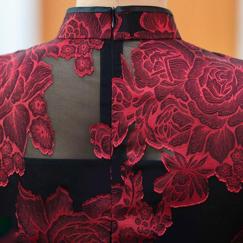 Women's Blue Floral Lace Qipao Cheongsam Dress – additional product view