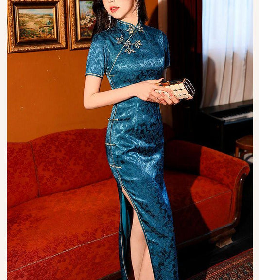 Women's Blue Floral Qipao Cheongsam Dress – Jacquard High Slit – additional product view