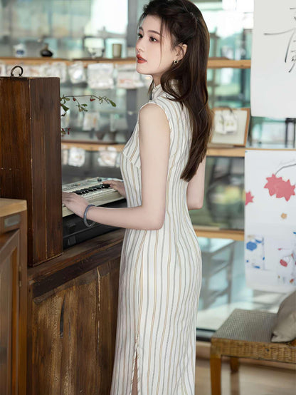 Women's White Vintage Qipao Cheongsam Dress – Striped Maxi – additional product view