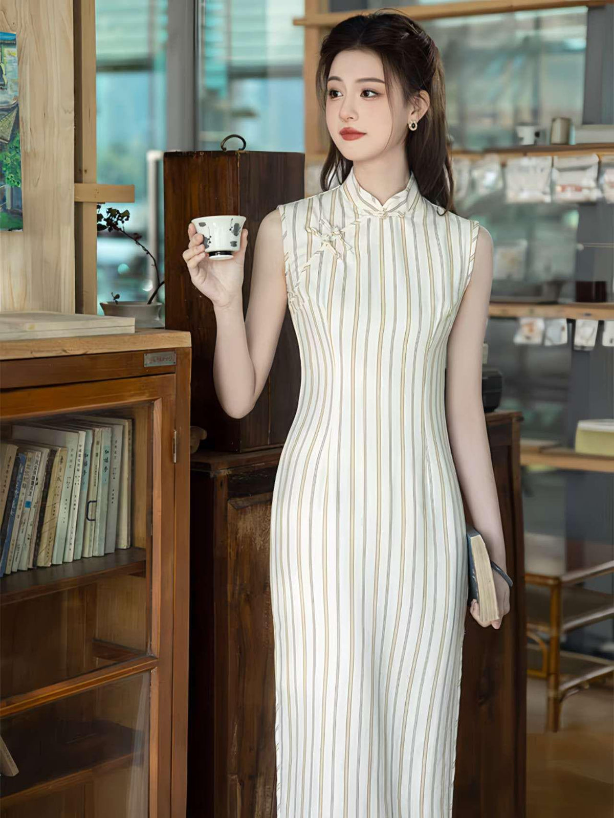 Women's White Vintage Qipao Cheongsam Dress – Striped Maxi – additional product view
