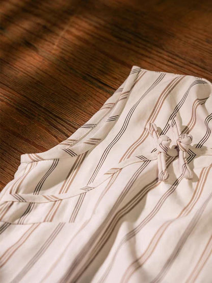 Women's White Vintage Qipao Cheongsam Dress – Striped Maxi – additional product view