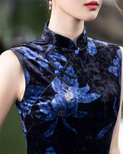 Women's Floral Qipao Cheongsam Dress – Velvet Sleeveless – additional product view