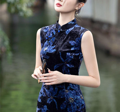 Women's Floral Qipao Cheongsam Dress – Velvet Sleeveless – additional product view