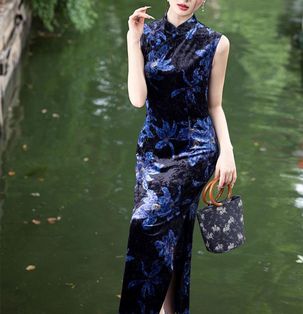 Women's Floral Qipao Cheongsam Dress – Velvet Sleeveless