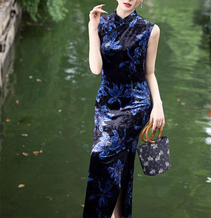 Women's Floral Qipao Cheongsam Dress – Velvet Sleeveless