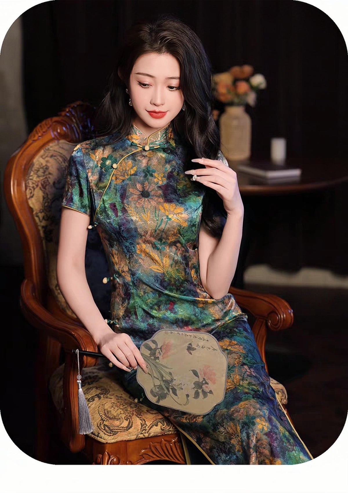 Women's Green Floral Qipao Cheongsam Dress – additional product view