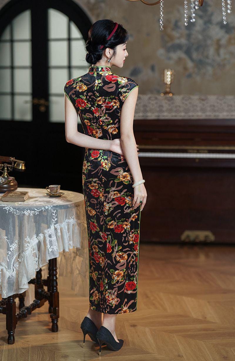 Women's Floral Velvet Qipao Cheongsam Dress – additional product view