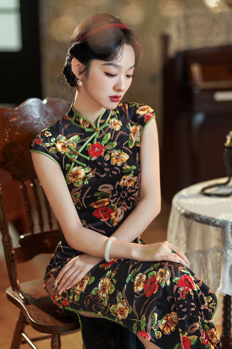 Women's Floral Velvet Qipao Cheongsam Dress – additional product view