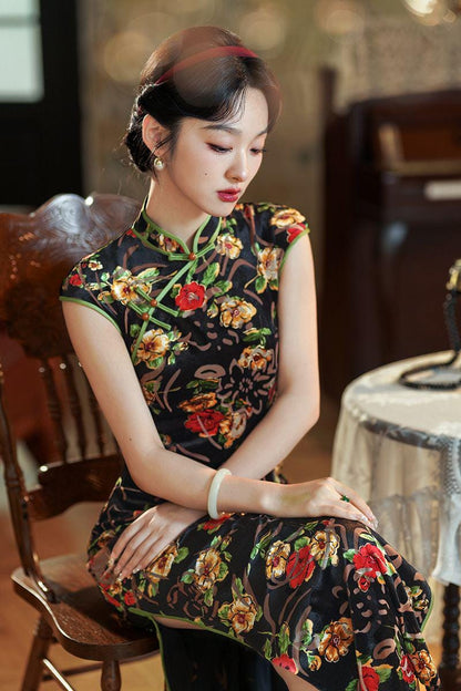 Women's Floral Velvet Qipao Cheongsam Dress – additional product view