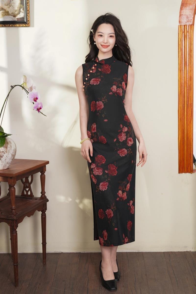 Rose Pink Sleeveless Mesh Qipao Dress – additional product view