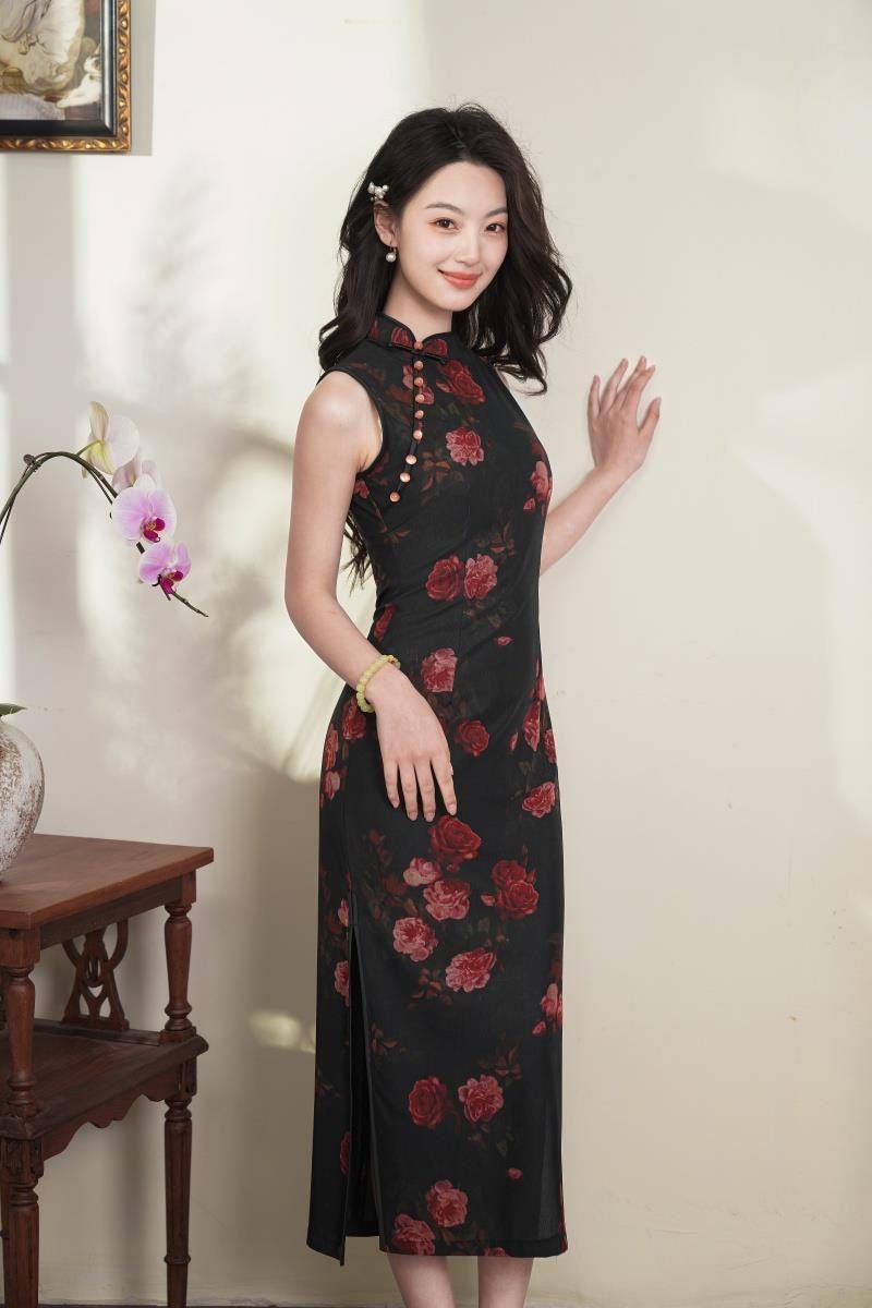 Rose Pink Sleeveless Mesh Qipao Dress – additional product view