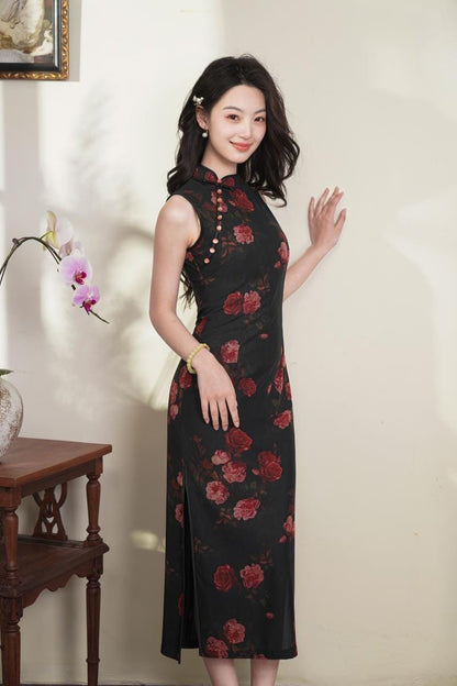 Rose Pink Sleeveless Mesh Qipao Dress – additional product view