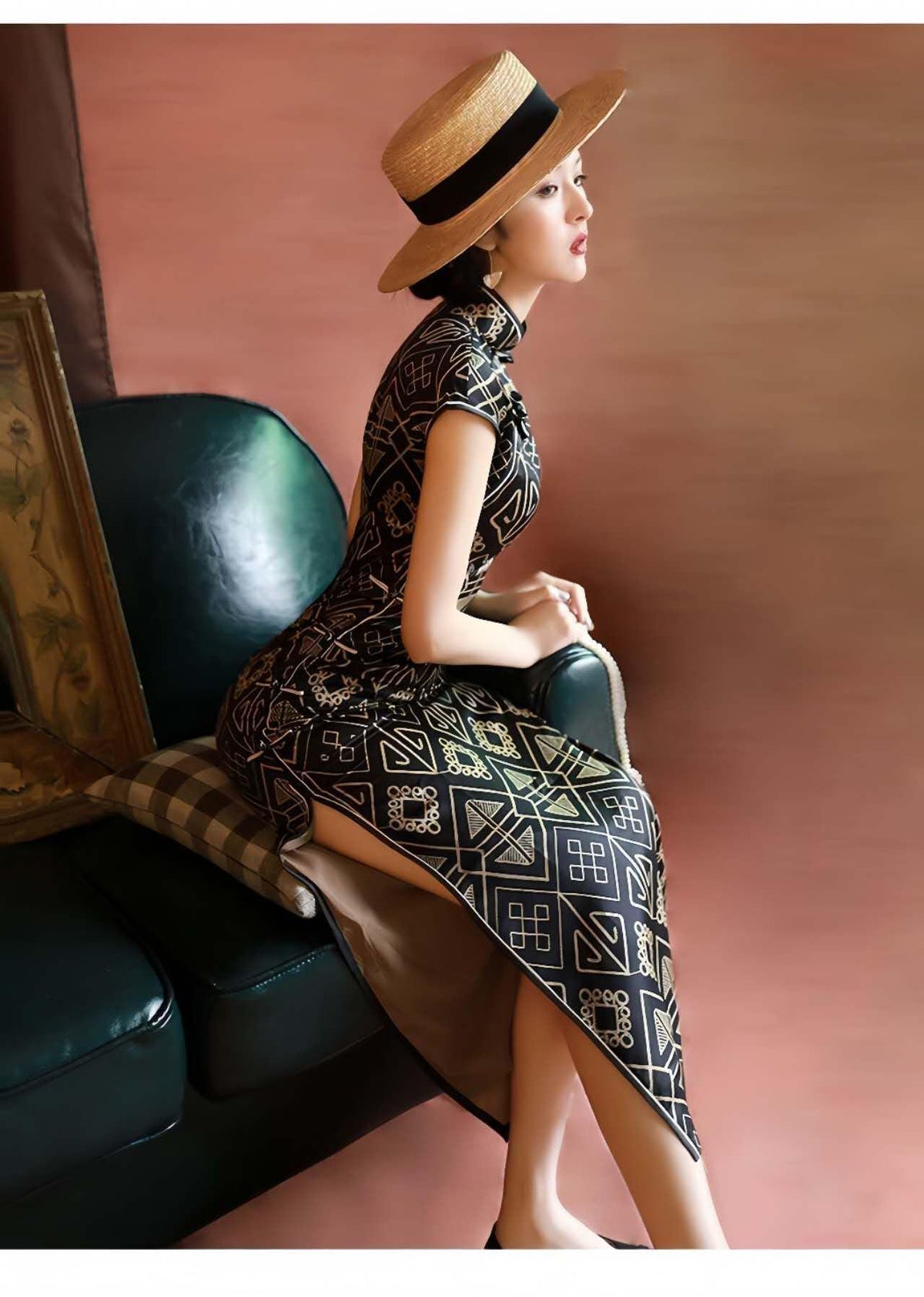 Women's Black Vintage Qipao Cheongsam Dress – Geometric – additional product view