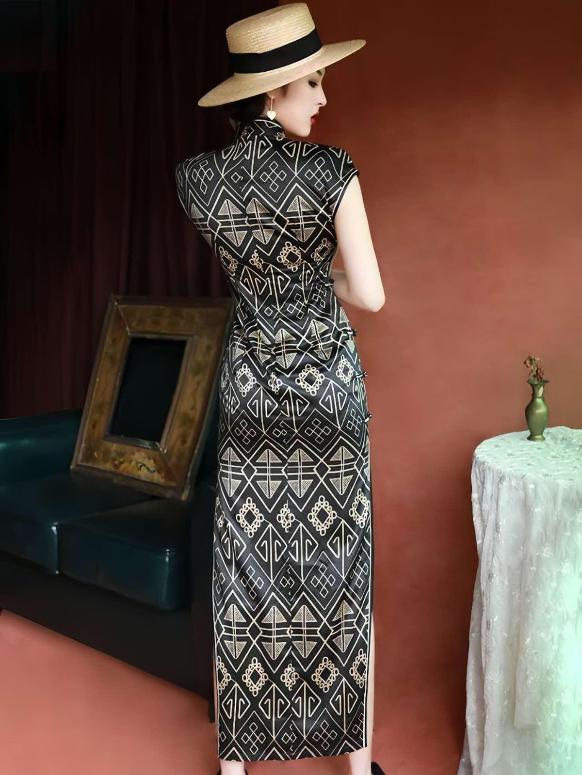 Women's Black Vintage Qipao Cheongsam Dress – Geometric – additional product view