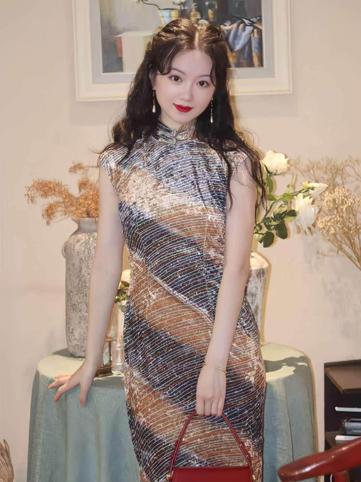 Women's Gold Elegant Velvet Qipao Cheongsam Dress – additional product view