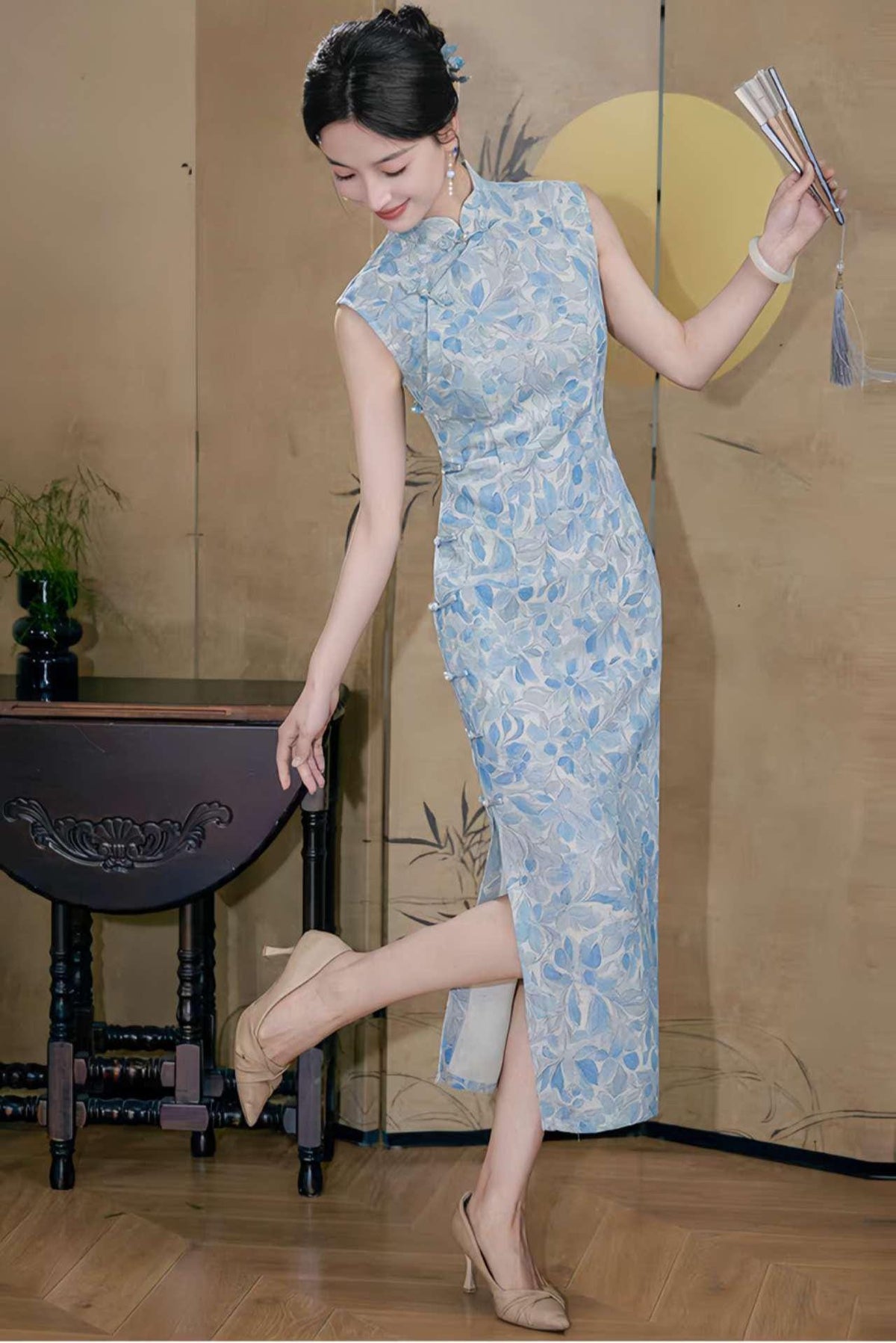 Women's Blue Floral Qipao Cheongsam Dress – Cotton