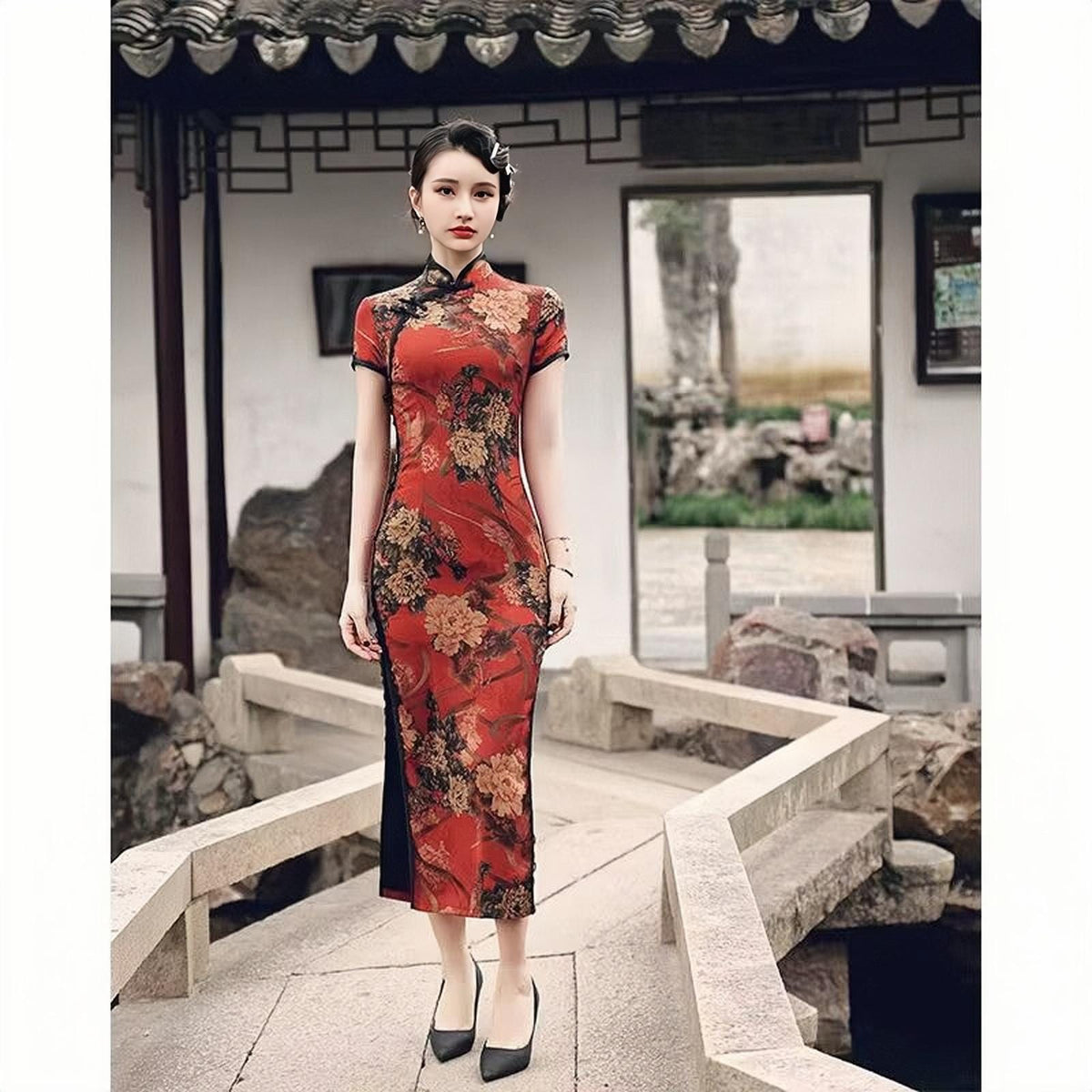 Women's Floral Qipao Cheongsam Dress – Side Slit Maxi – additional product view