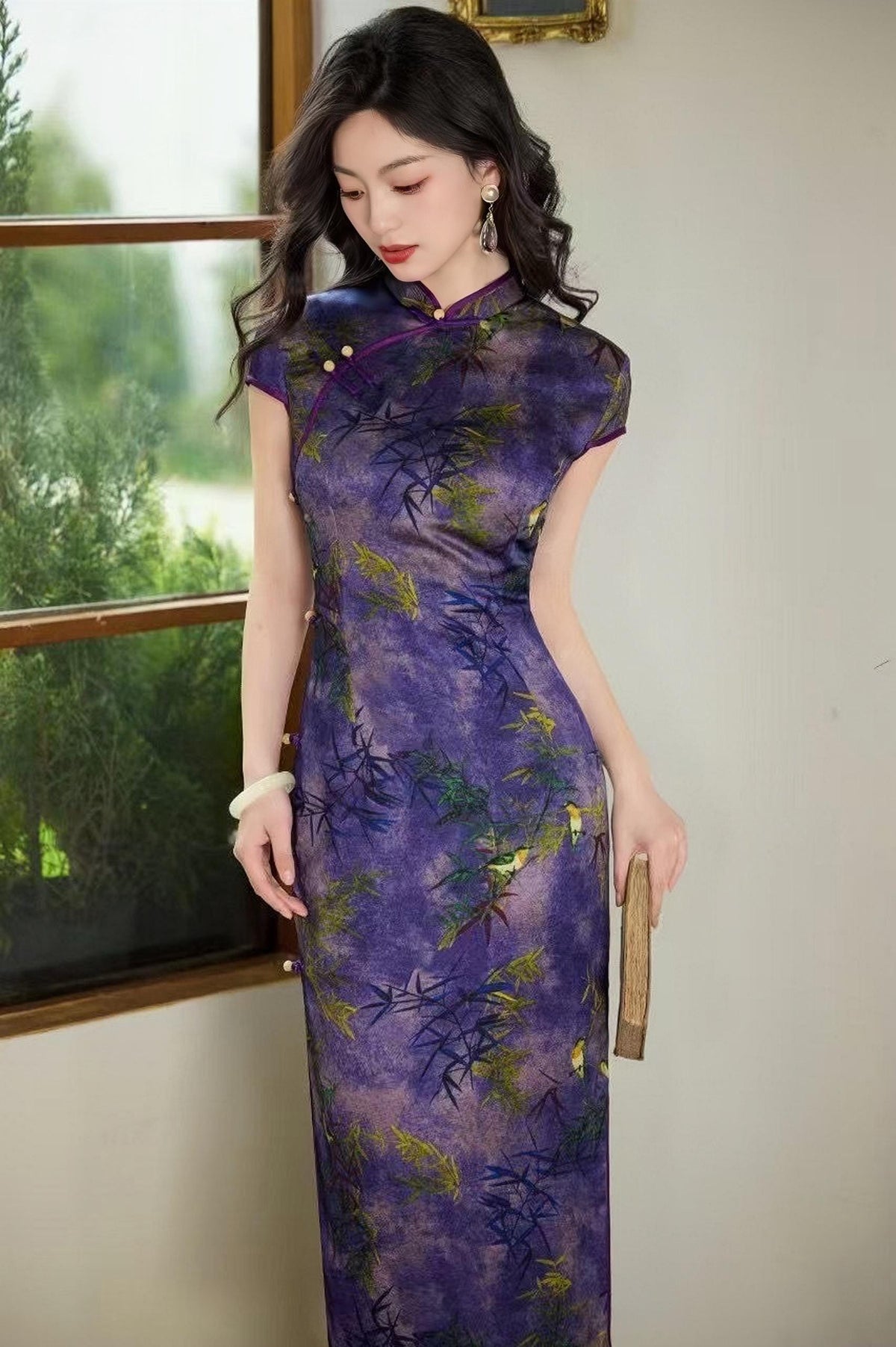 Women's Vintage Qipao Cheongsam Dress – Purple Bamboo – additional product view