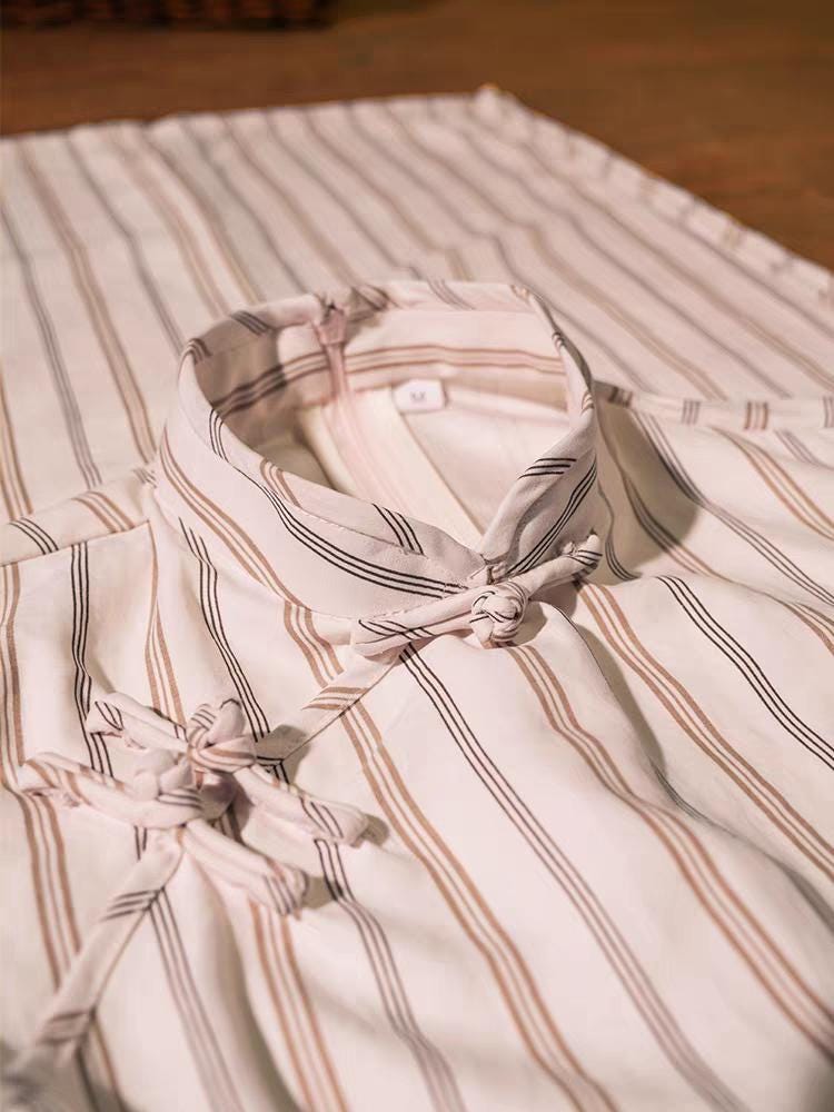 Women's White Vintage Qipao Cheongsam Dress – Striped Maxi – additional product view