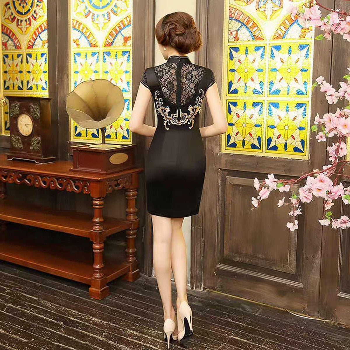 Women's Black Floral Qipao Cheongsam Dress – Satin Floral Embroidery – additional product view