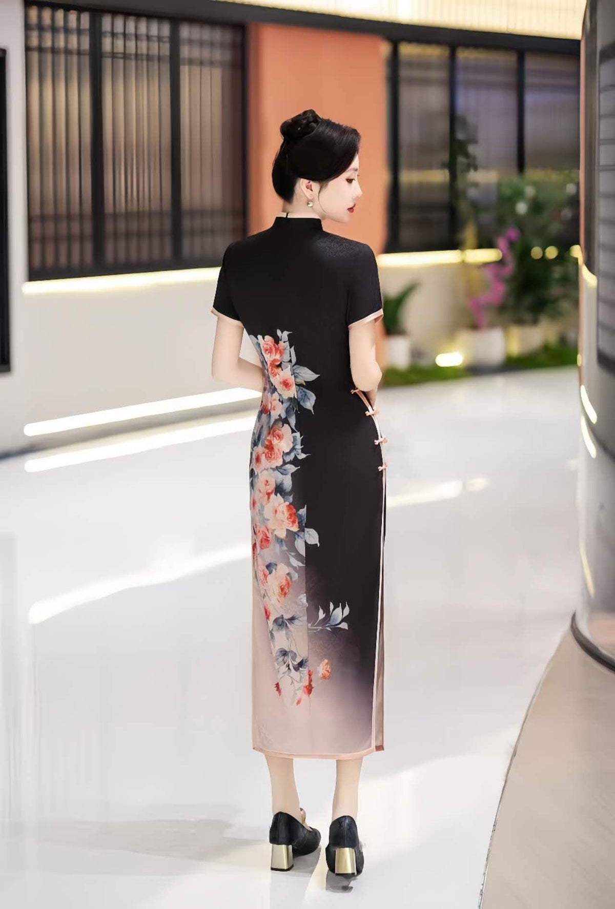 Women's Black Floral Silk Qipao Cheongsam Dress – additional product view