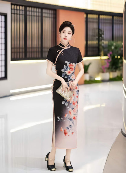 Women's Black Floral Silk Qipao Cheongsam Dress – additional product view