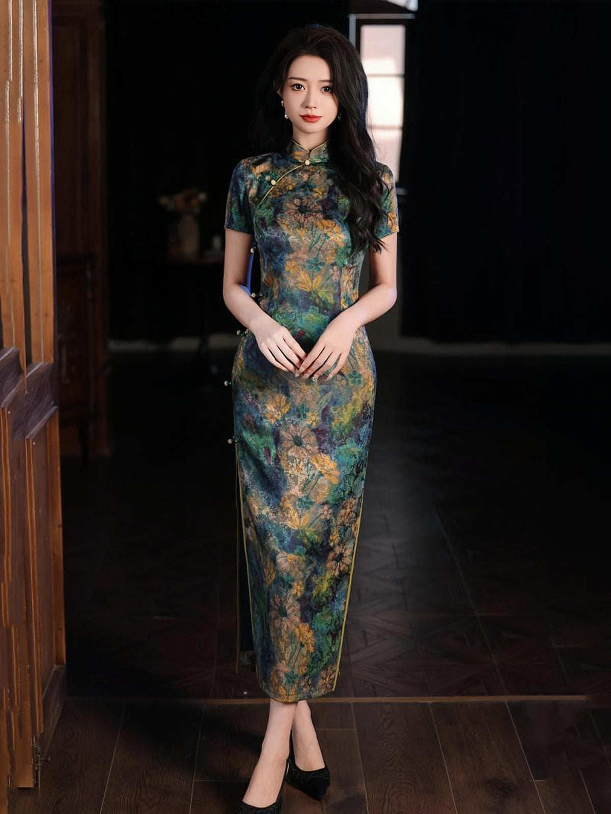 Women's Green Floral Qipao Cheongsam Dress – additional product view
