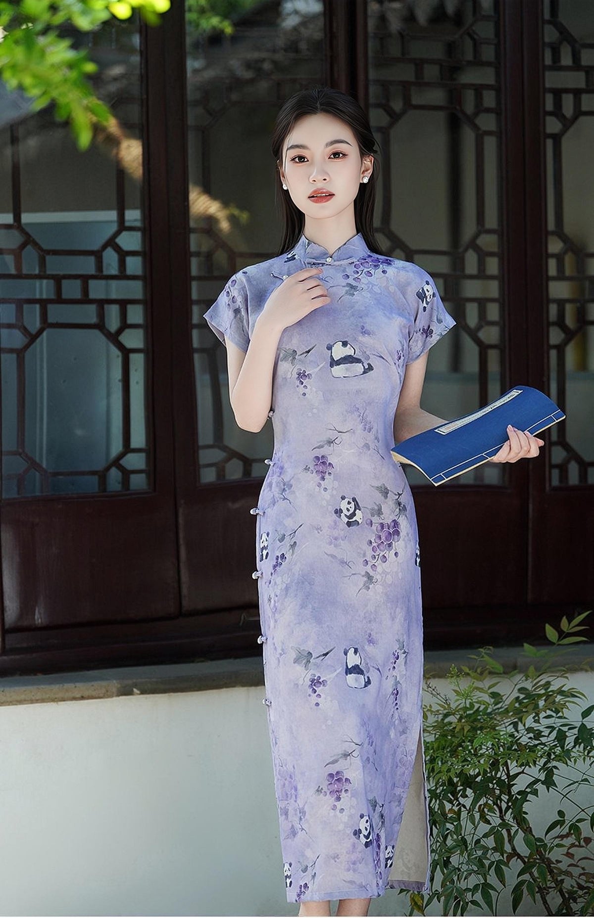 Women's Purple Vintage Qipao Cheongsam Dress – Panda – additional product view