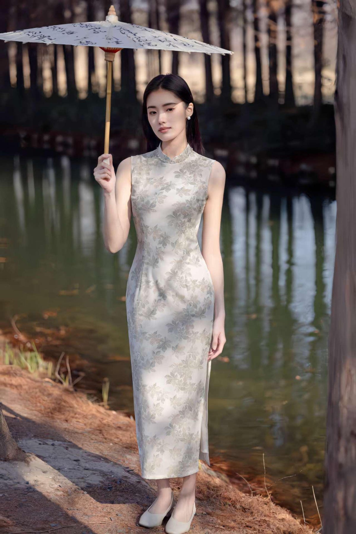 Women's Floral Qipao Cheongsam Dress – Beige Linen Summer – additional product view