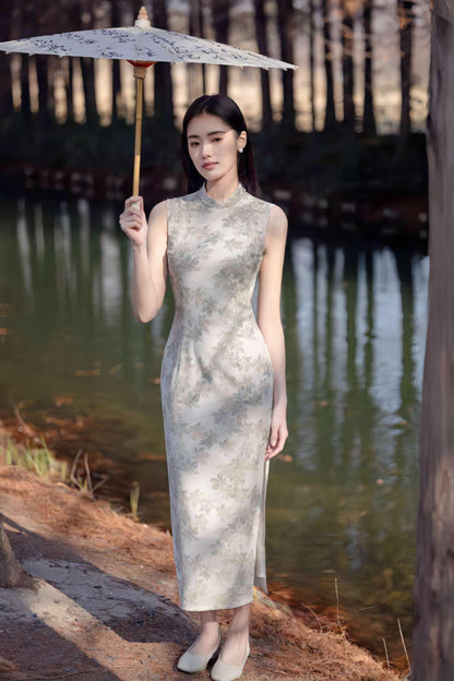 Women's Floral Qipao Cheongsam Dress – Beige Linen Summer – additional product view