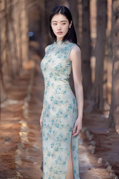 Women's Floral Qipao Cheongsam Dress – Beige Linen Summer – additional product view