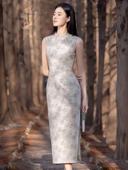 Women's Floral Qipao Cheongsam Dress – Beige Linen Summer – additional product view