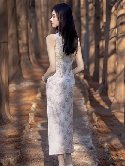 Women's Floral Qipao Cheongsam Dress – Beige Linen Summer – additional product view