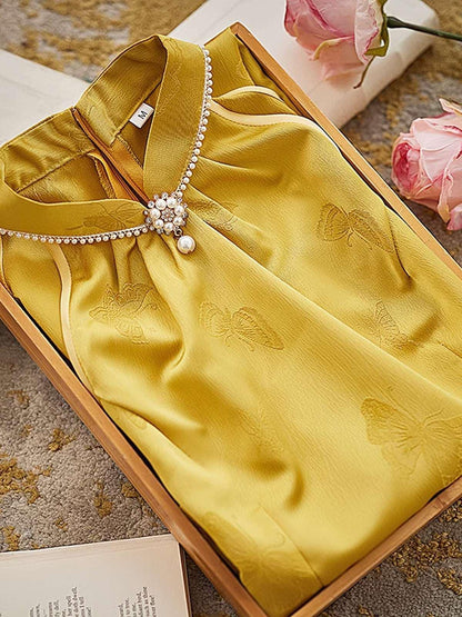 Women's Vintage Qipao Cheongsam Dress – Yellow Halter Neck – additional product view