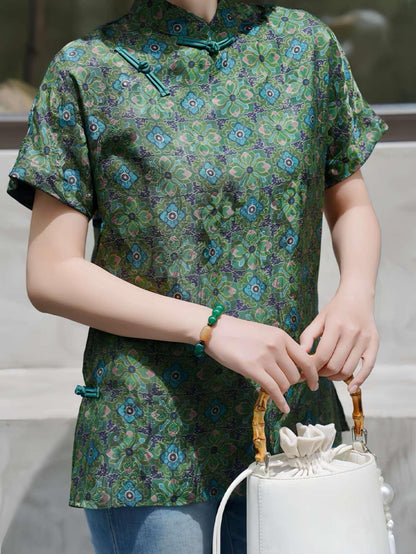 Women's Green Floral Chinese Style Blouse – additional product view