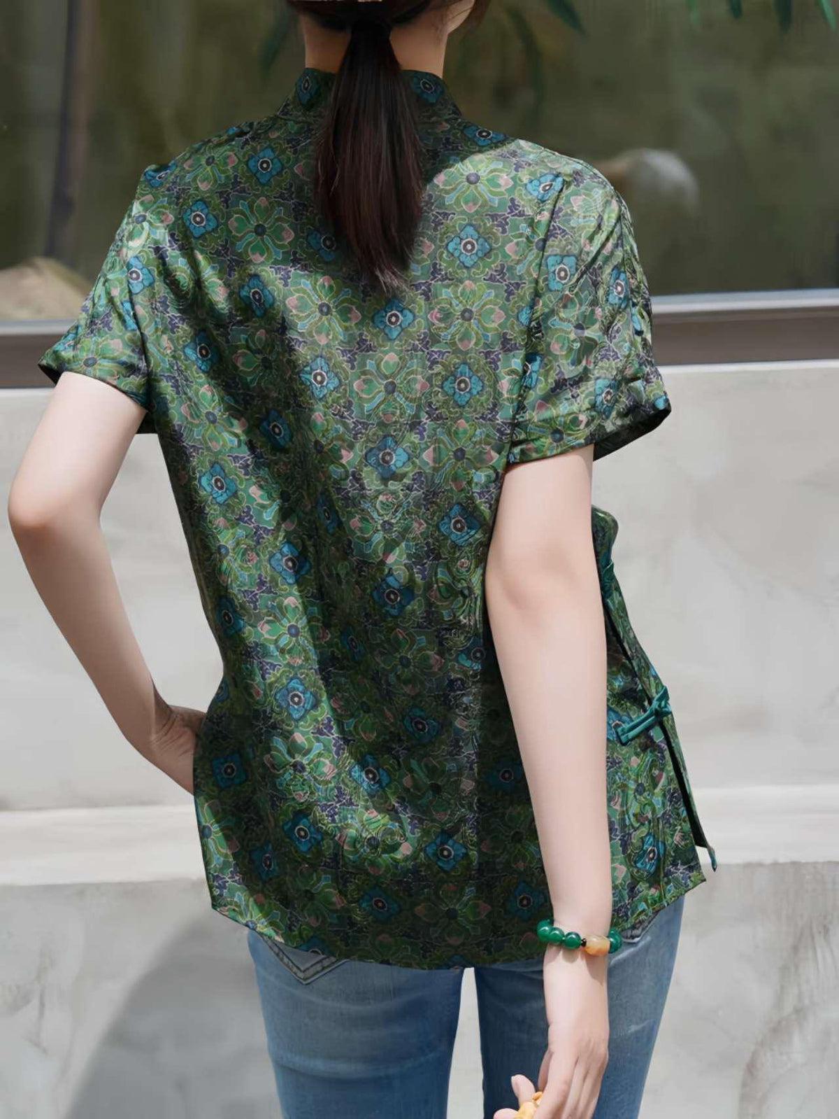 Women's Green Floral Chinese Style Blouse – additional product view