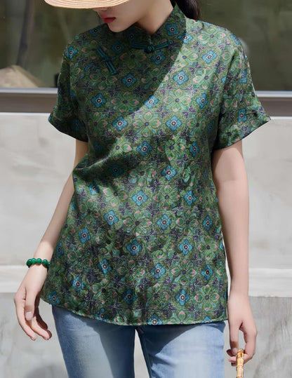 Women's Green Floral Chinese Style Blouse – additional product view