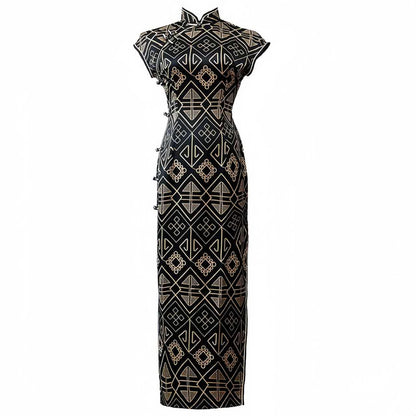 Women's Black Vintage Qipao Cheongsam Dress – Geometric – additional product view