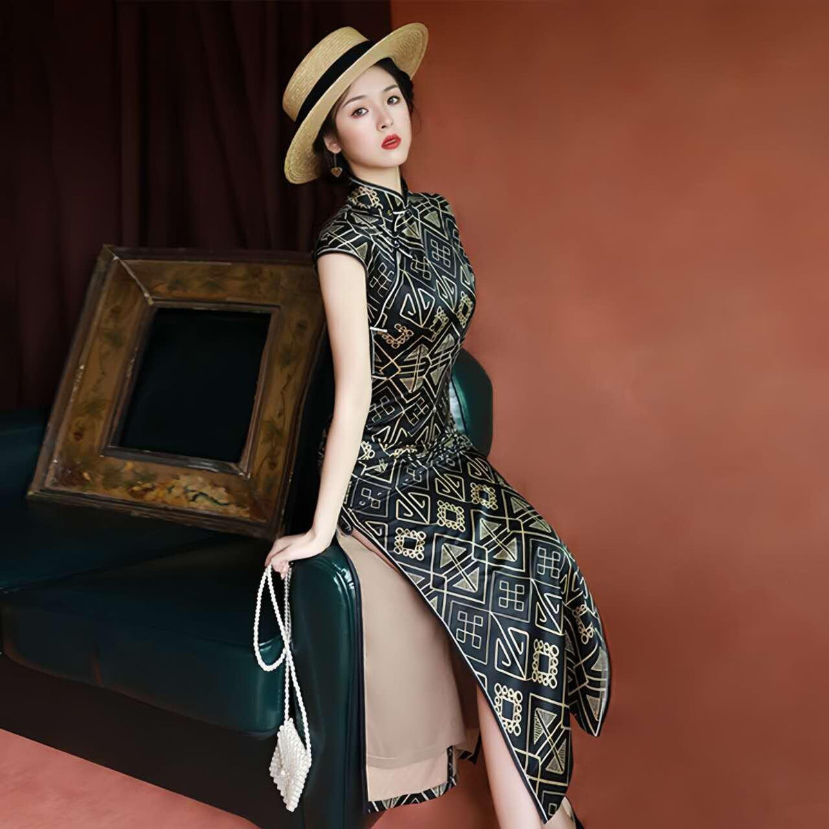 Women's Black Vintage Qipao Cheongsam Dress – Geometric – additional product view