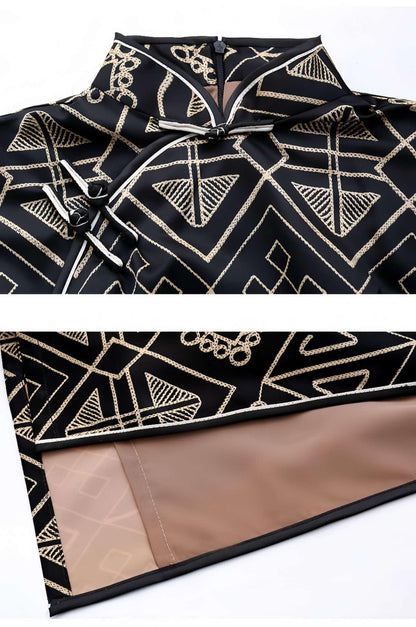 Women's Black Vintage Qipao Cheongsam Dress – Geometric – additional product view