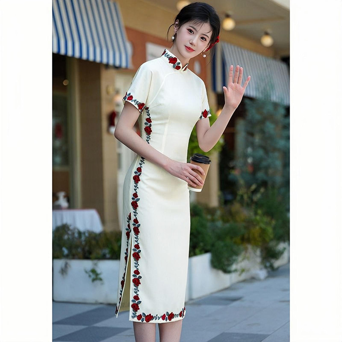 Women's White Vintage Qipao Cheongsam Dress – Midi Summer – additional product view
