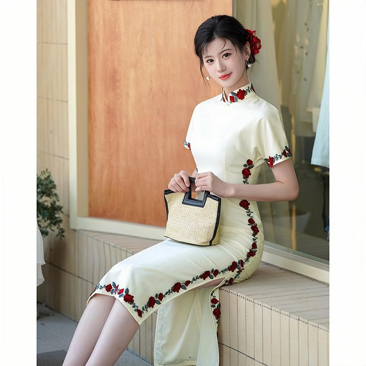 Women's White Vintage Qipao Cheongsam Dress – Midi Summer – additional product view