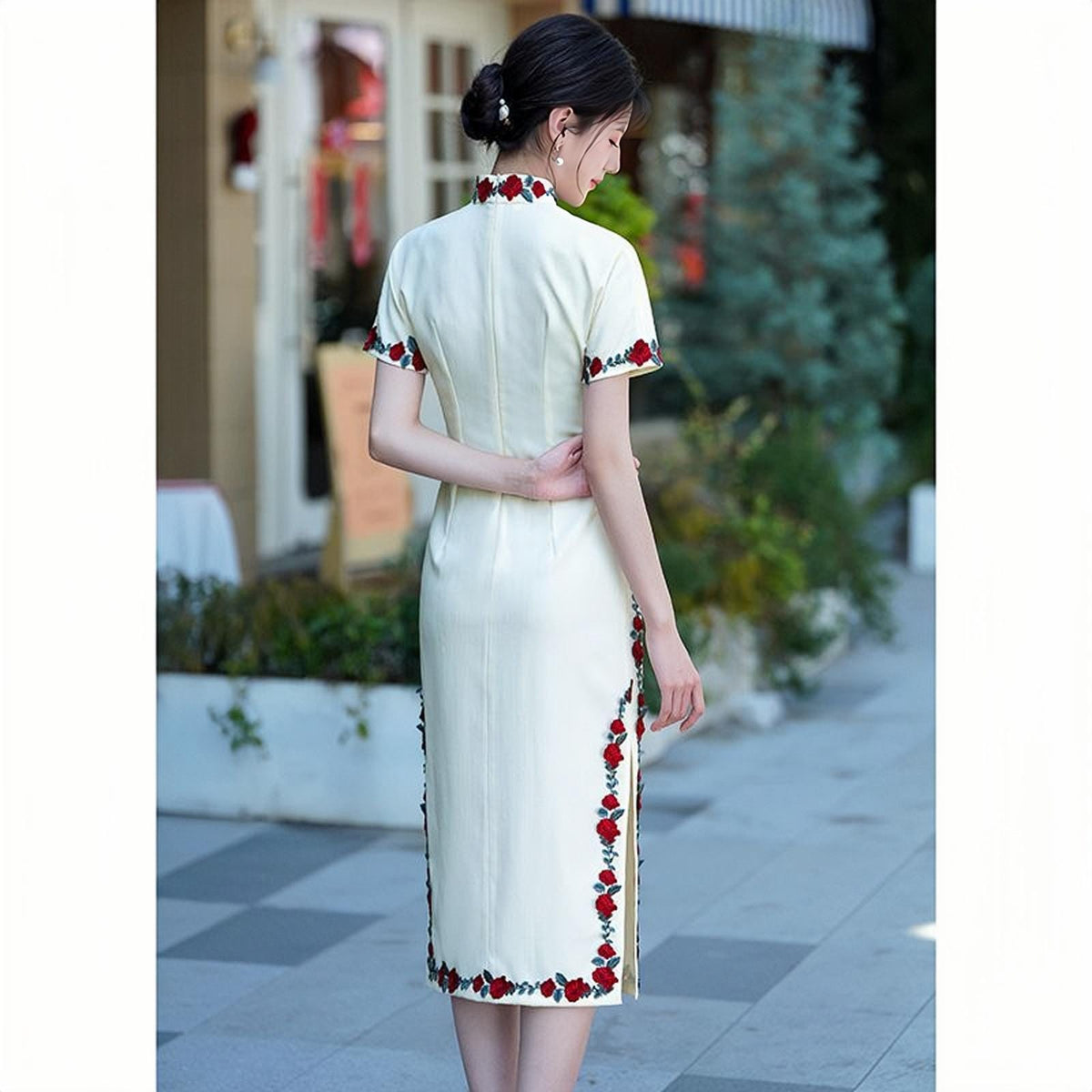 Women's White Vintage Qipao Cheongsam Dress – Midi Summer – additional product view