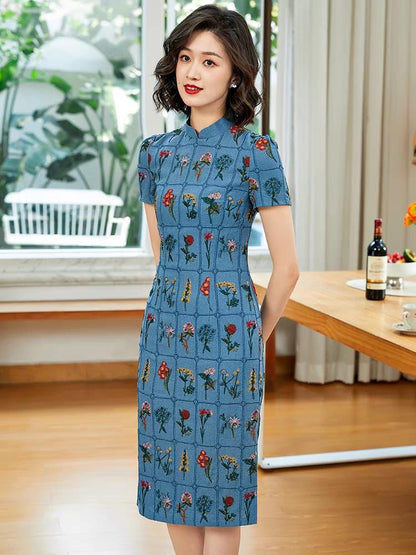 Women's Blue Floral Qipao Cheongsam Dress – Linen – additional product view
