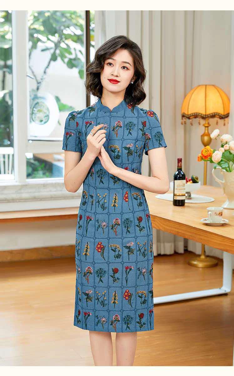 Women's Blue Floral Qipao Cheongsam Dress – Linen – additional product view
